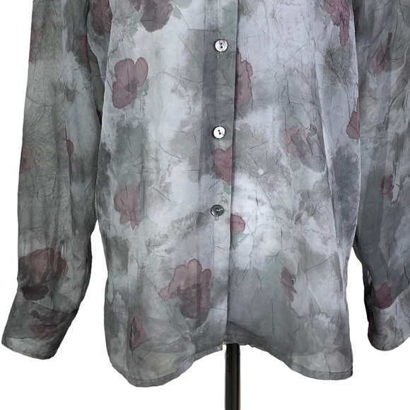Casual Corner Vintage Floral Sheer Button Down Blouse Women's Medium Gray Pink - Picture 4 of 9